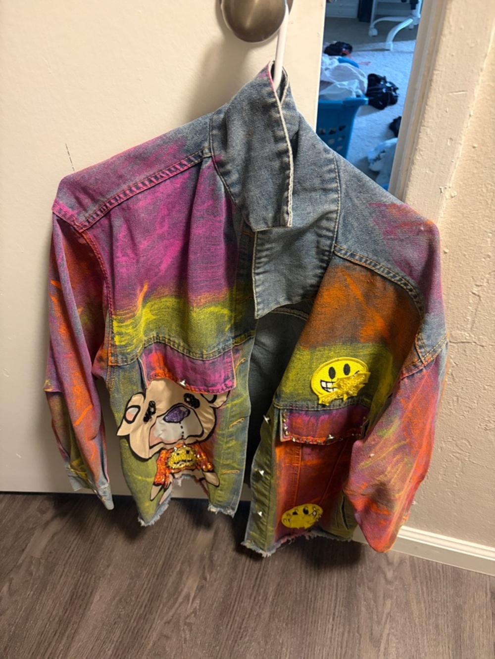 Hand-Painted Multicolor Denim Jacket — Vibrant Pink & Orange Accent
